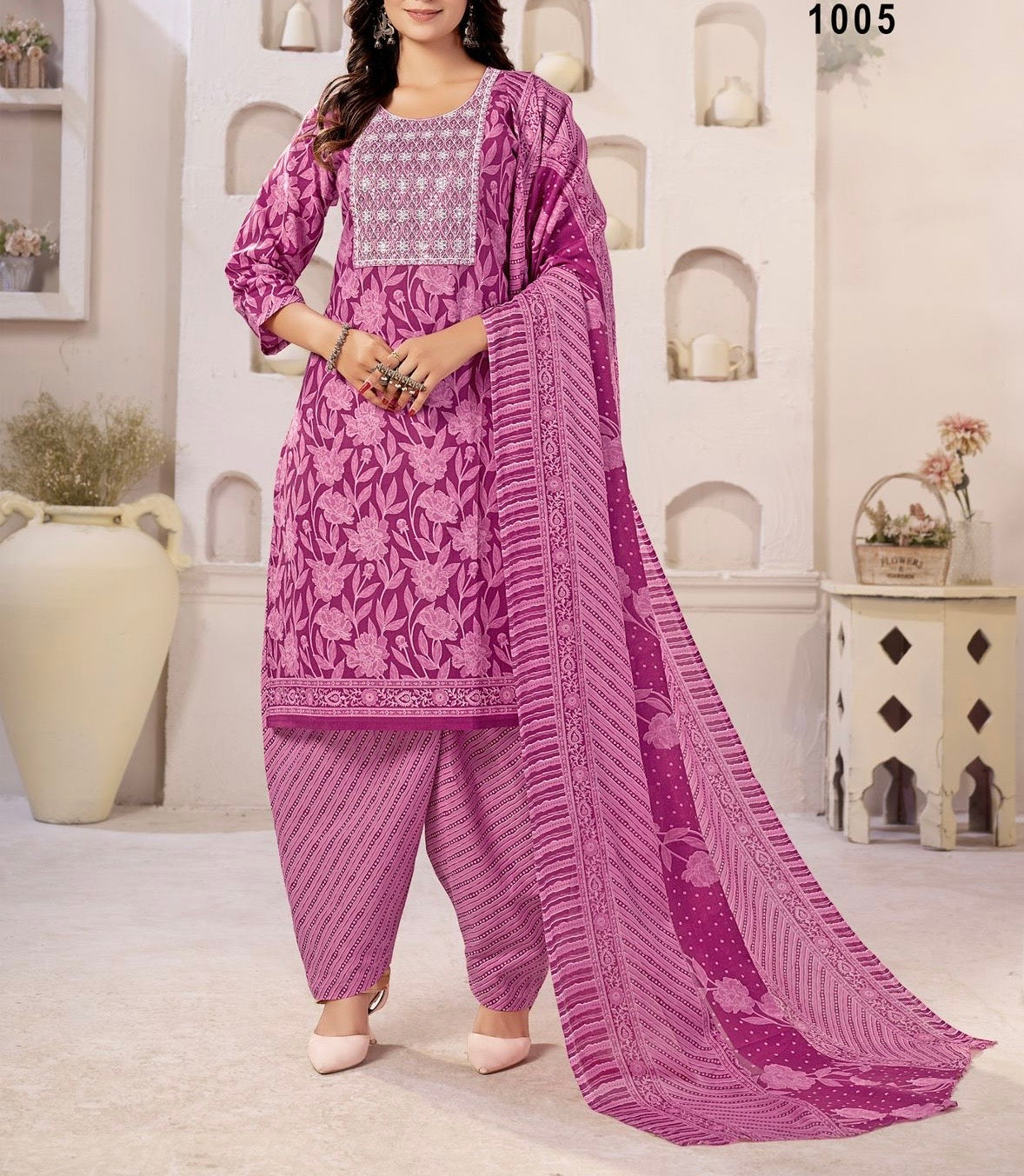 Muska Cotton Embroidered Kurta Patiala Suit Set with Malmal Dupatta for Women