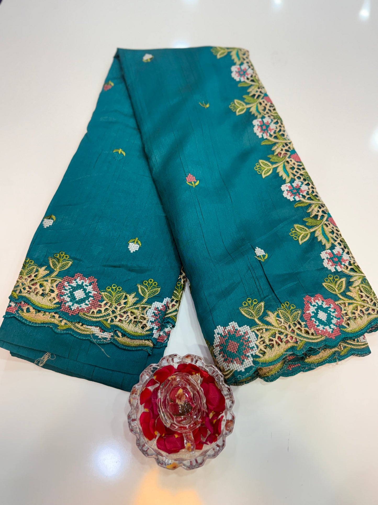 Matka Silk Saree with Embroidered Buttis, Cutwork Big Pallu, and All-Over Cutwork Panel