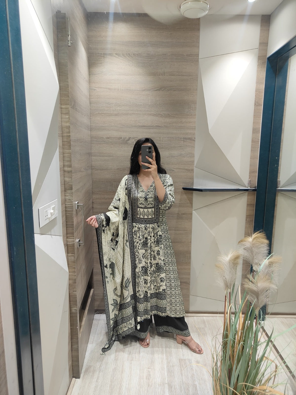 Women’s digital viscose silk kurta set with shantoon pant and muslin dupatta, sequin moti handwork, size 38–44