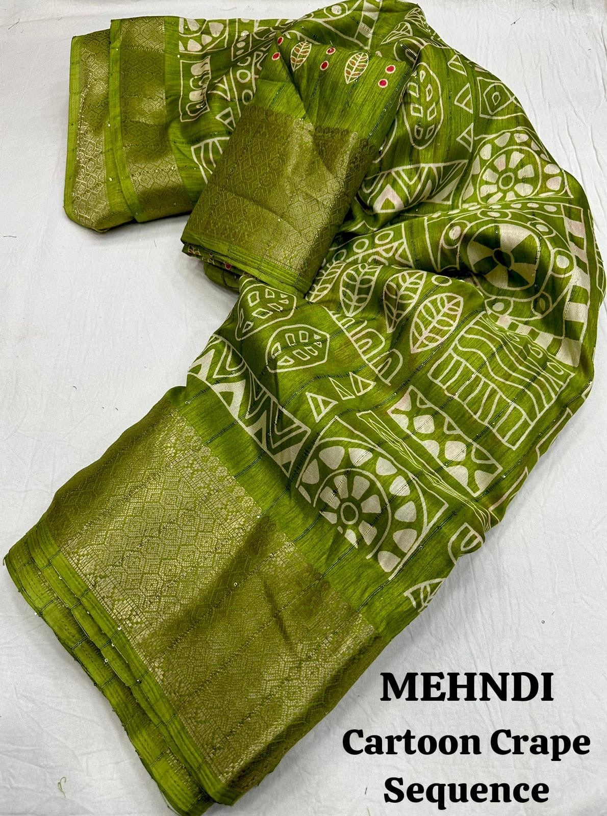 Cotton Crepe Saree with Sequence Work and Batik Print – Running Blouse Included