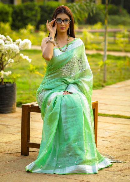 Pure Tissue Linen Saree with Handwork and Matching Blouse Piece for Women