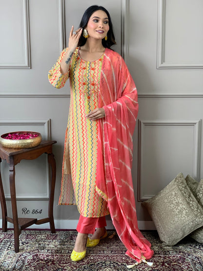 Chanderi Silk Digital Print Kurta Pant Dupatta Suit Set with Embroidery and Chiffon Dupatta – Sizes 38 to 44