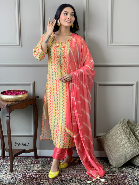 Chanderi Silk Digital Print Kurta Pant Dupatta Suit Set with Embroidery and Chiffon Dupatta – Sizes 38 to 44