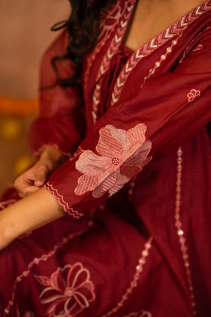 Mul chanderi embroidered kurta pant dupatta set with mulmul lining for women