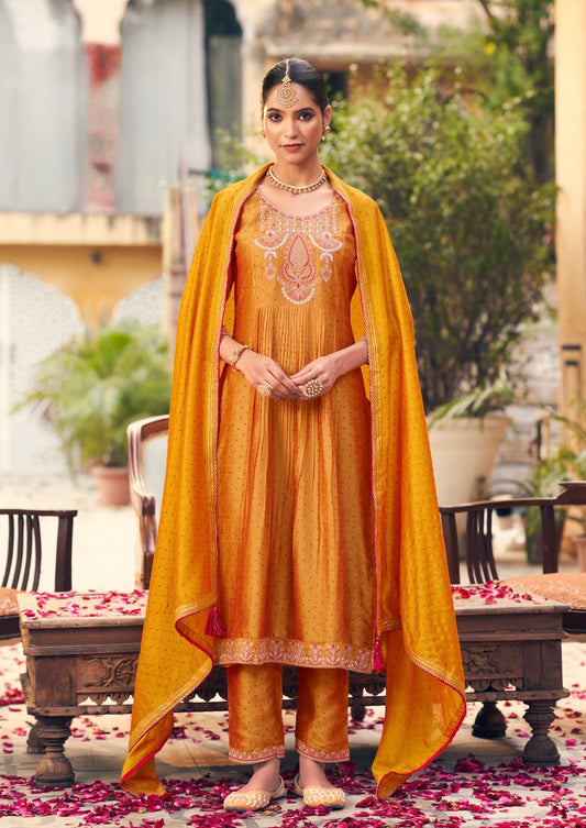 Silk Three-Piece Suit Set with Fancy Work and Ivory Print for Women – Sizes XL to 3XL