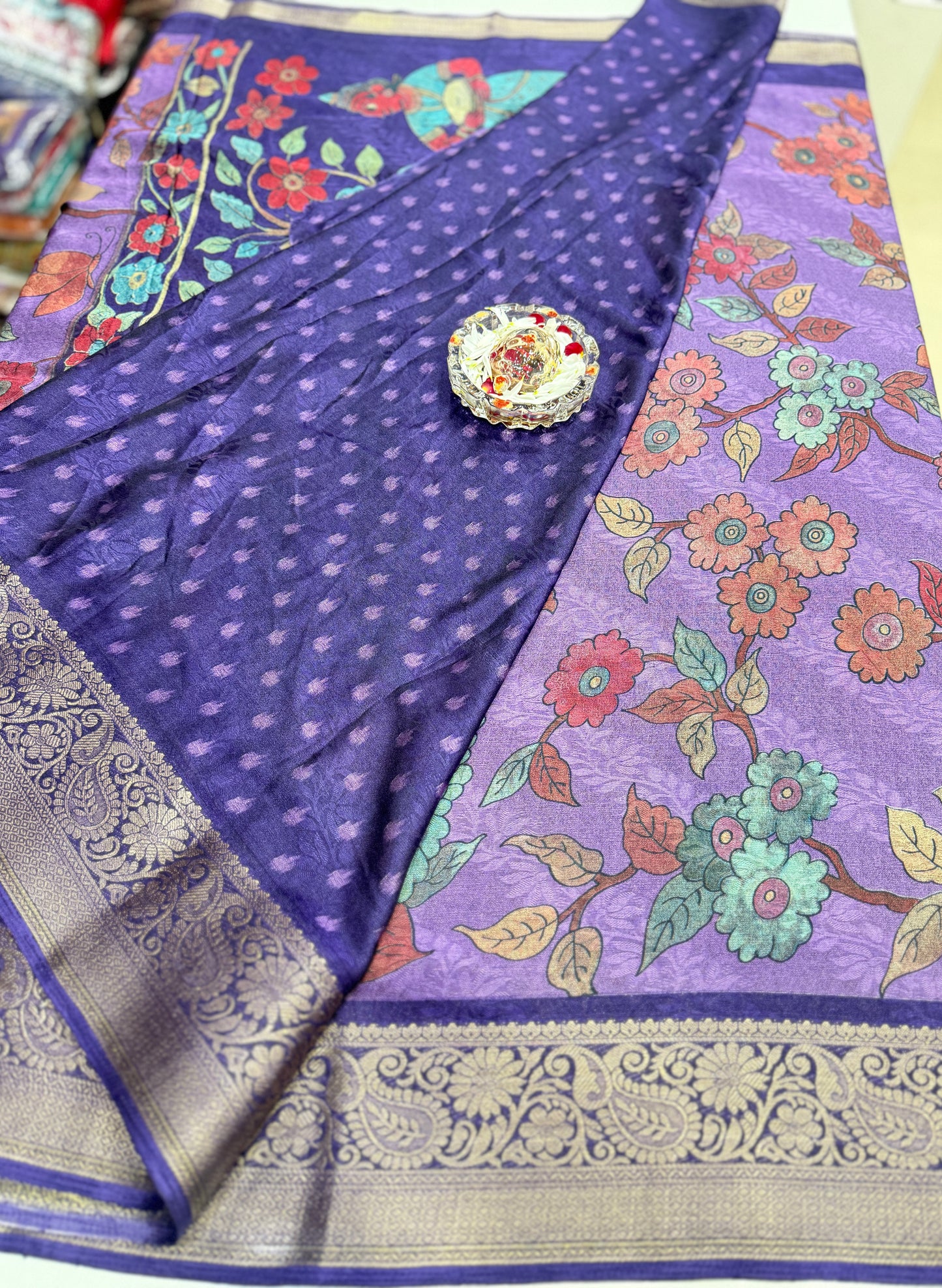 Silk blend printed saree with zari border and digital pallu print, 6.3m with running blouse, 6 color options