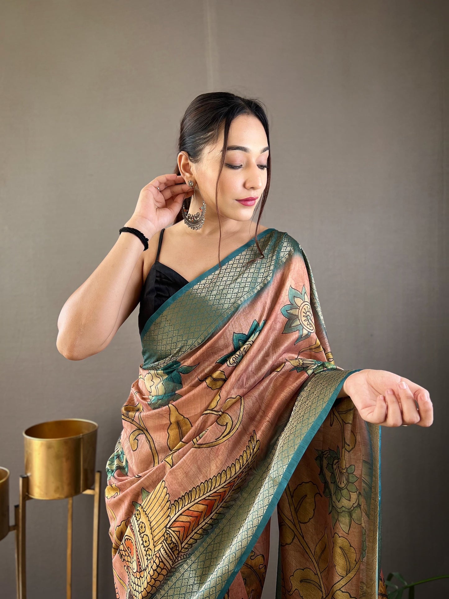 Tussar Silk Saree with Hand-Painted Style Kalamkari Print, Zari Border, and Contrast Blouse
