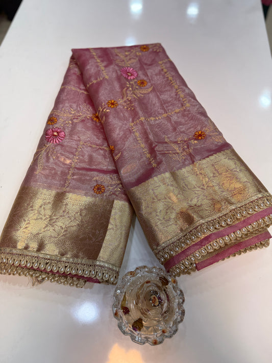 Banarasi Glass Tissue Saree for Women with Meenakari Embroidery, Gold Zari Border, Pearl Lace Handwork and Tassel Pallu