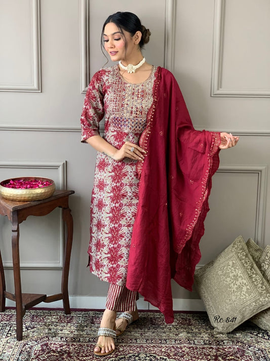 Muslin Embroidered Kurti Pant Set with Chanderi Dupatta for Women – Festive Wear