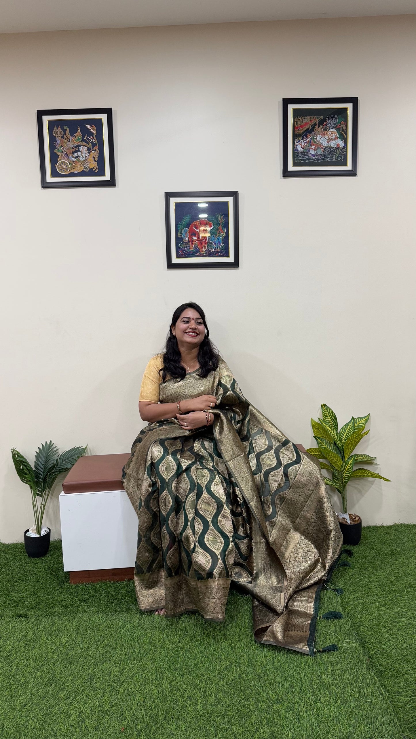 Organza Woven Saree in Deep Navy with Zari Work and Contrast Border – Festive Wear for Women