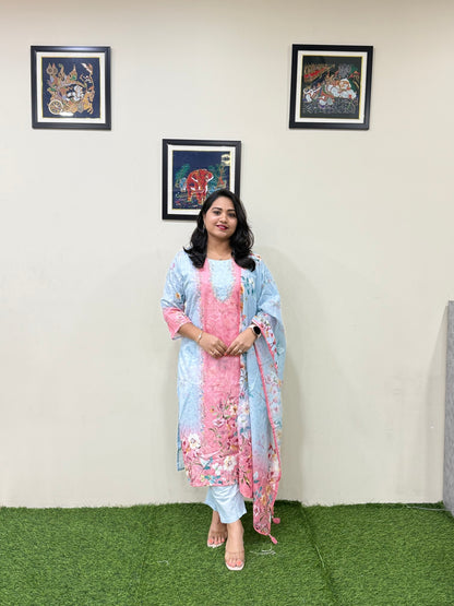 Women’s Linen Schiffli Embroidered Kurta Set with Cotton Pant and Viscose Mal Dupatta – L to 3XL