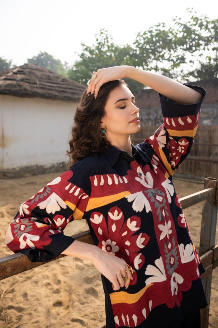 Cotton Poplin Oversized Co-Ord Set with Hand Brush Painted Design – Artistic Casual Wear for Women (Sizes 38 to 44)