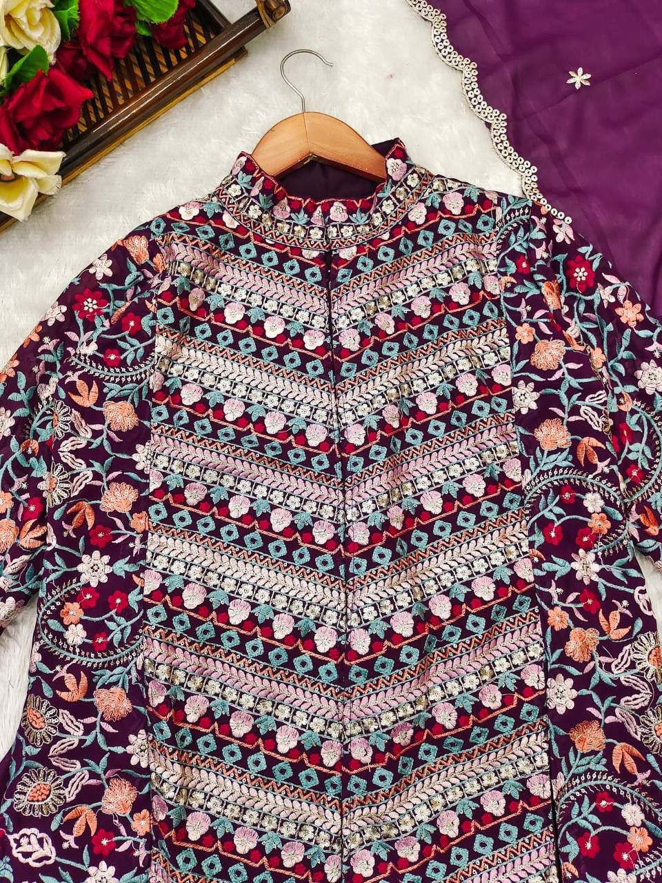 Georgette Embroidered Peplum Top with Bottom and Cutwork Dupatta for Women – Sizes S to XXL