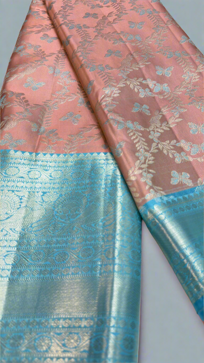 Handloom Kanchi Silk Saree with Silver Zari Double Warp in Peach Pink for Women