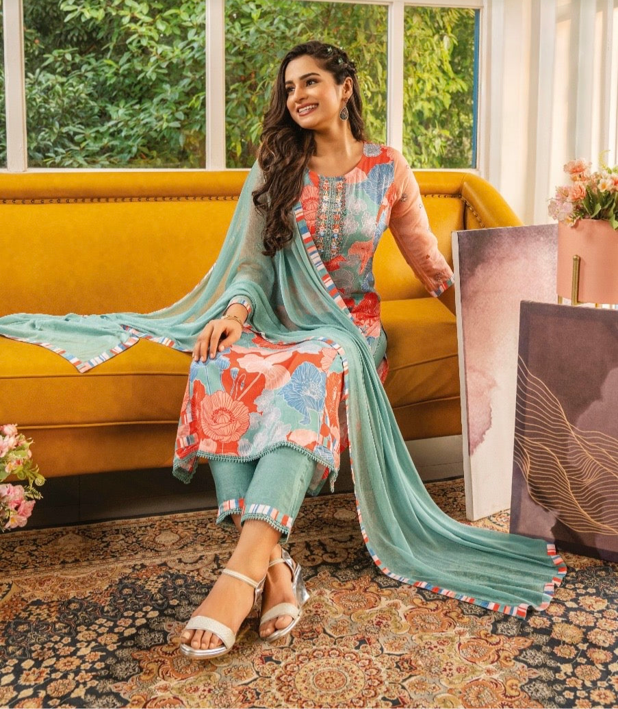 Viscose Satin Silk Kurti Pant Dupatta Set with Digital Print and Hand Embellishments for Women – XL to 3XL