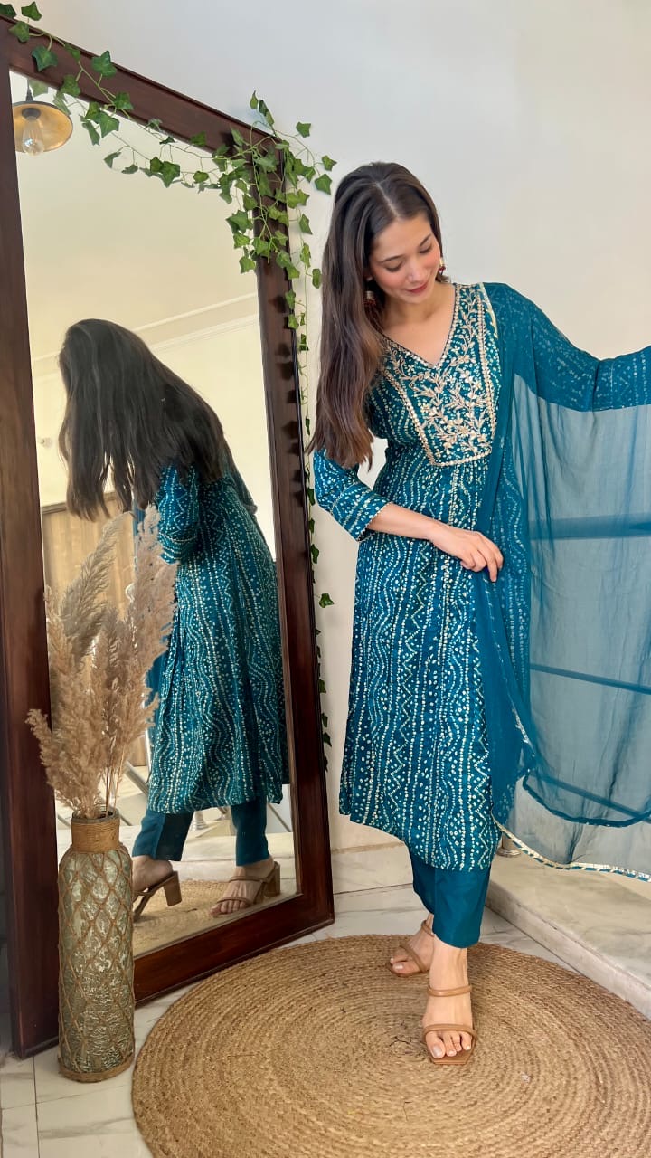 Rayon Bandhej Print Anarkali Kurta Suit Set with Handwork, Santoon Pants and Chiffon Dupatta for Women