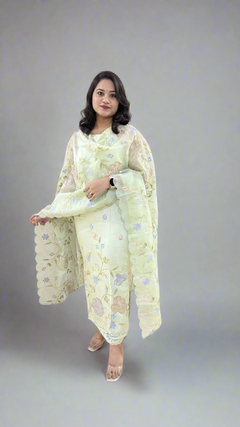 Unstitched Bamber Silk Suit with Resham Embroidery, 3D Patch Appliqué and Organza Dupatta