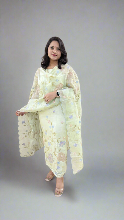 Unstitched Bamber Silk Suit with Resham Embroidery, 3D Patch Appliqué and Organza Dupatta