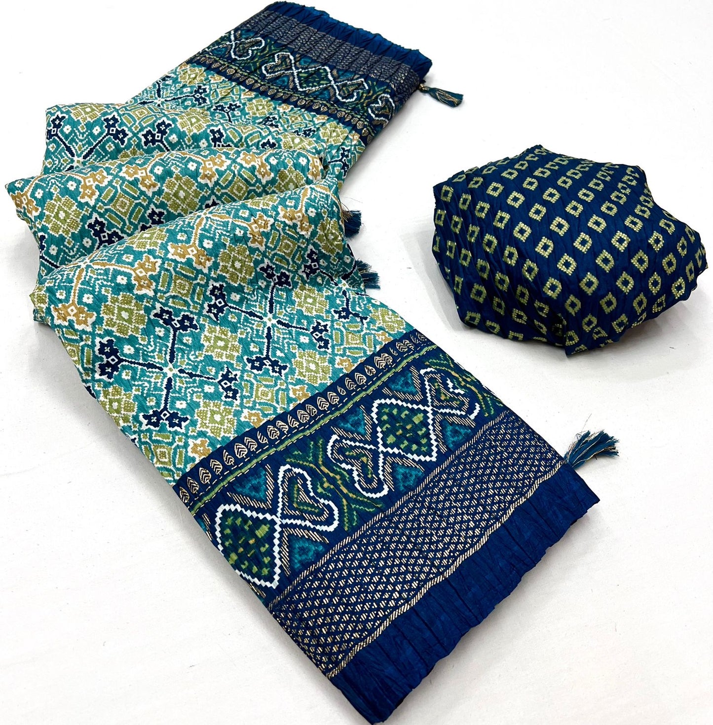 Soft Dola Silk Patola Print Saree with Foil Detailing, Tassel Pallu and Contrast Blouse for Women