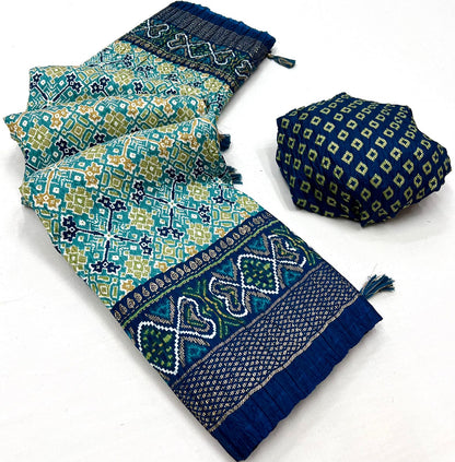 Soft Dola Silk Patola Print Saree with Foil Detailing, Tassel Pallu and Contrast Blouse for Women