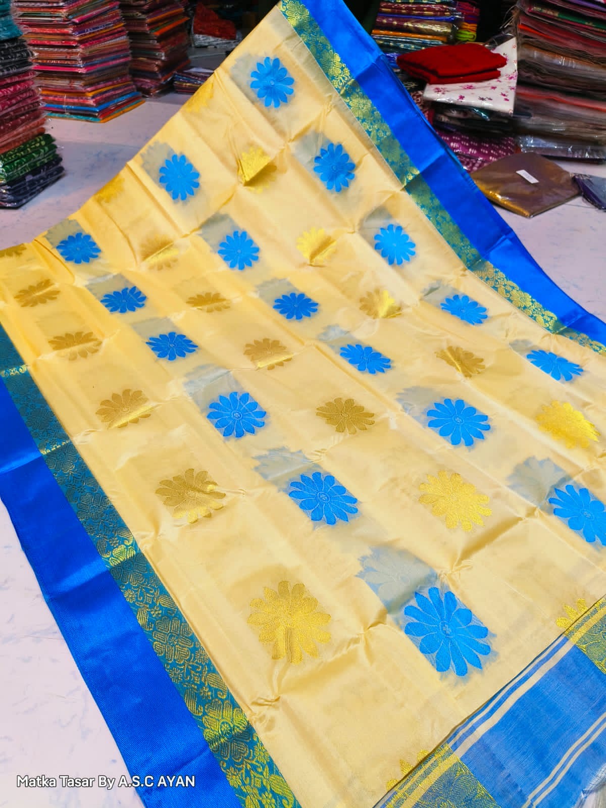 Matka Tussar Silk Saree with Golden Zari Weaving and Velvet Border