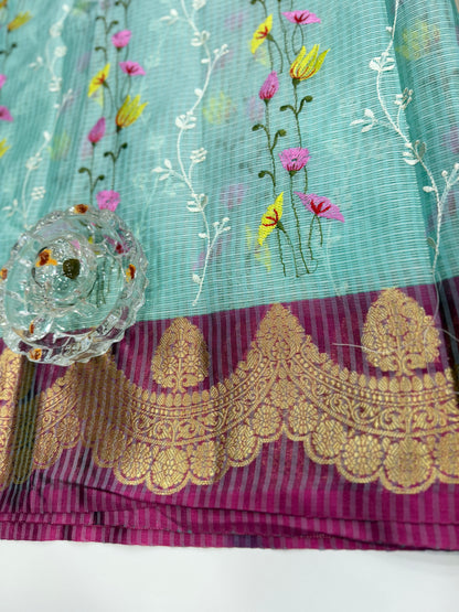 Banarasi handloom Kota check saree with mina embroidery, scalloped border and zari chit pallu