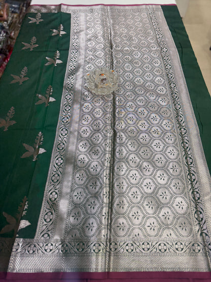 Women’s Banarasi semi mashru katan silk saree with zari boota weaving, rich pallu and brocade blouse