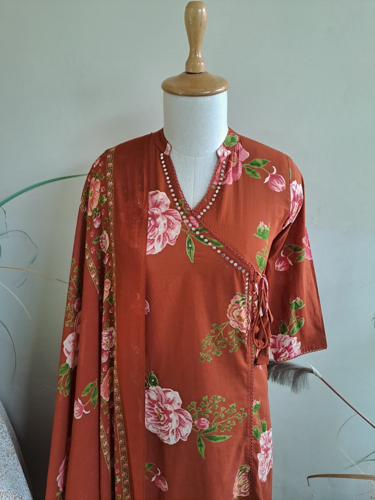 Rust Orange Cotton Kurta Pant Dupatta Set with Floral Print and Flex Mirror Embroidery – Women’s Ethnic Wear