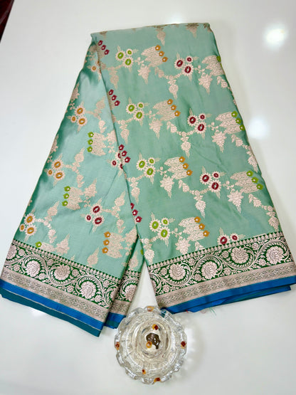 Mashru Katan Silk Saree with Multicolor Zari Weaving and Contrast Border – Festive Wear for Women