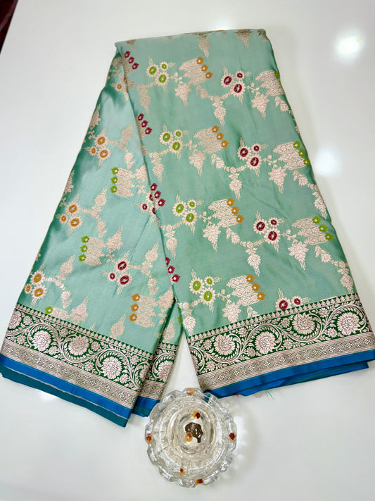 Mashru Katan Silk Saree with Multicolor Zari Weaving and Contrast Border – Festive Wear for Women