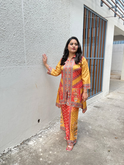 Crepe Silk Digital Printed Co-Ord Set with Mirror Work for Women – Festive Wear Kurta Pant Set