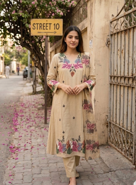 Jamdani Embroidered Kurta Pant Dupatta Set for Women with Floral Work and V-Neck Design