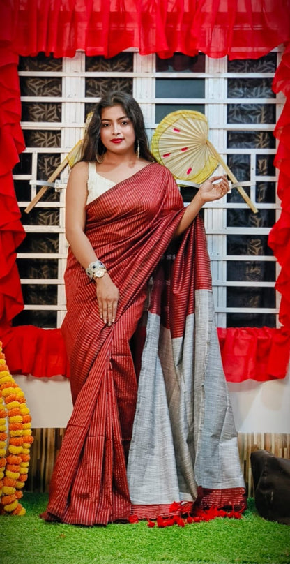 Check Jute Kaddi Cotton Saree for Women with Matching Blouse Piece