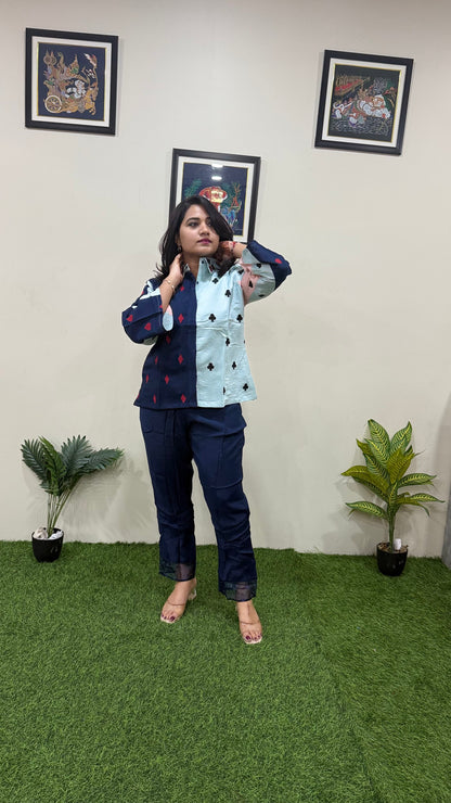 Women's Pure Silk Colorblock Co-ord Set with Card Suit Print and Sheer Panel Pants