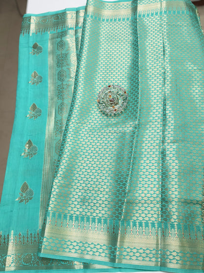 Handloom Chhiniya Silk Saree in Sea Green with Meenakari Zari Weaving and Buta Motifs for Women