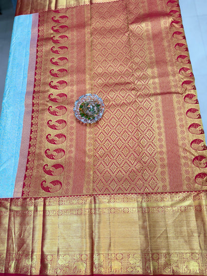 Korvai Pure Silk Handloom Saree in Sky Blue with Red Border and Gold Zari Weaving – Bridal & Festive Wear