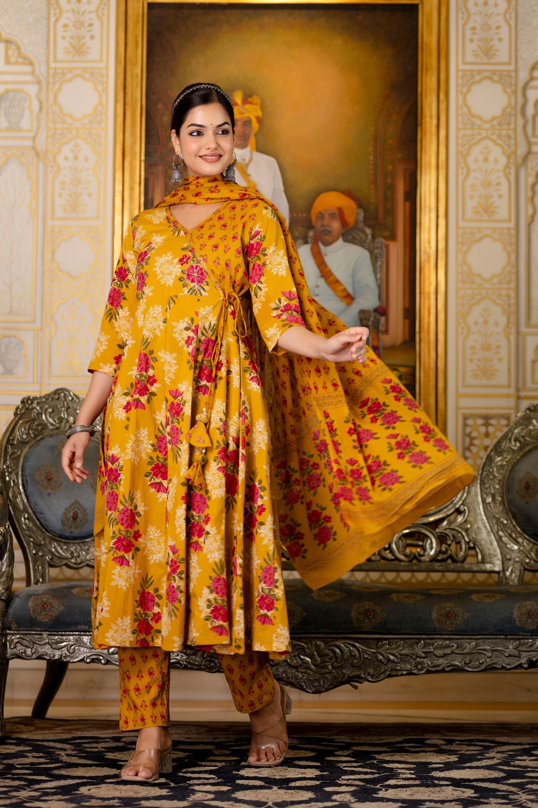 Women’s flared printed cotton kurta pant dupatta set with zari embroidery – festive ethnic wear