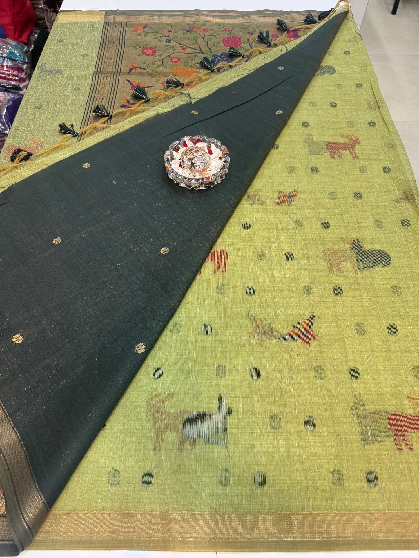 Linen Paithani style printed saree with floral tree border and tassel pallu, women’s festive daily wear saree