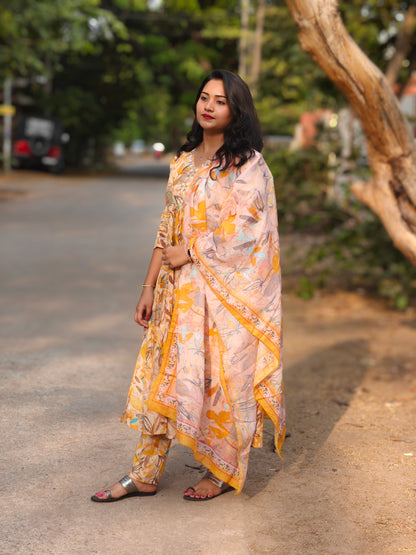 Yellow Cotton Mal Alia Suit with Digital Print, Khatli Work, and Dupatta – Size 2XL