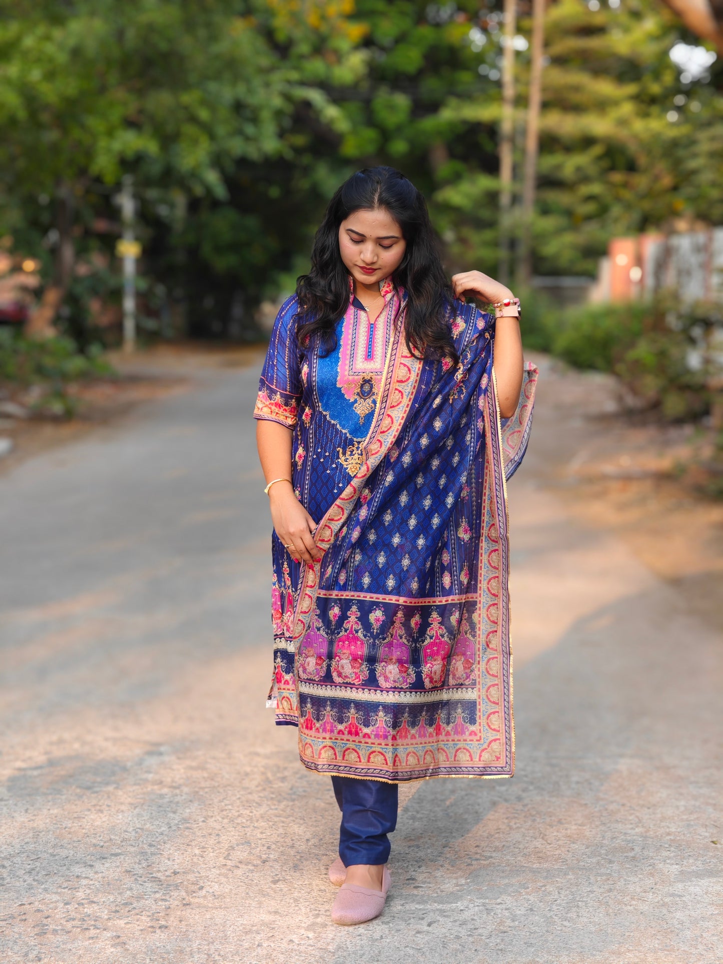 Pure Muslin Silk Jaipuri Kurti Set with Printed Design, Rayon Cotton Pants & Maslin Dupatta – Sizes M to XXL