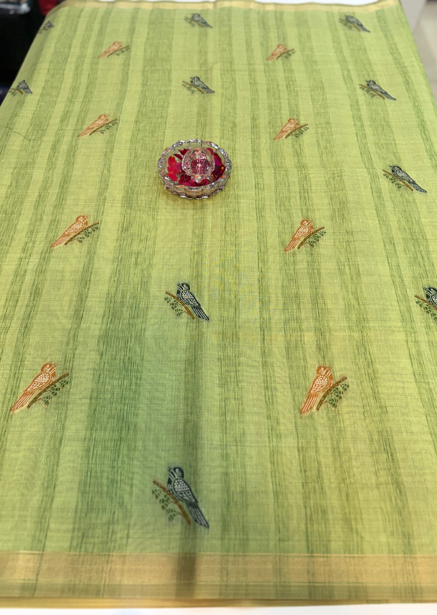 Ghicha cotton saree with bird motif pallu and tassel border, printed cotton saree for women