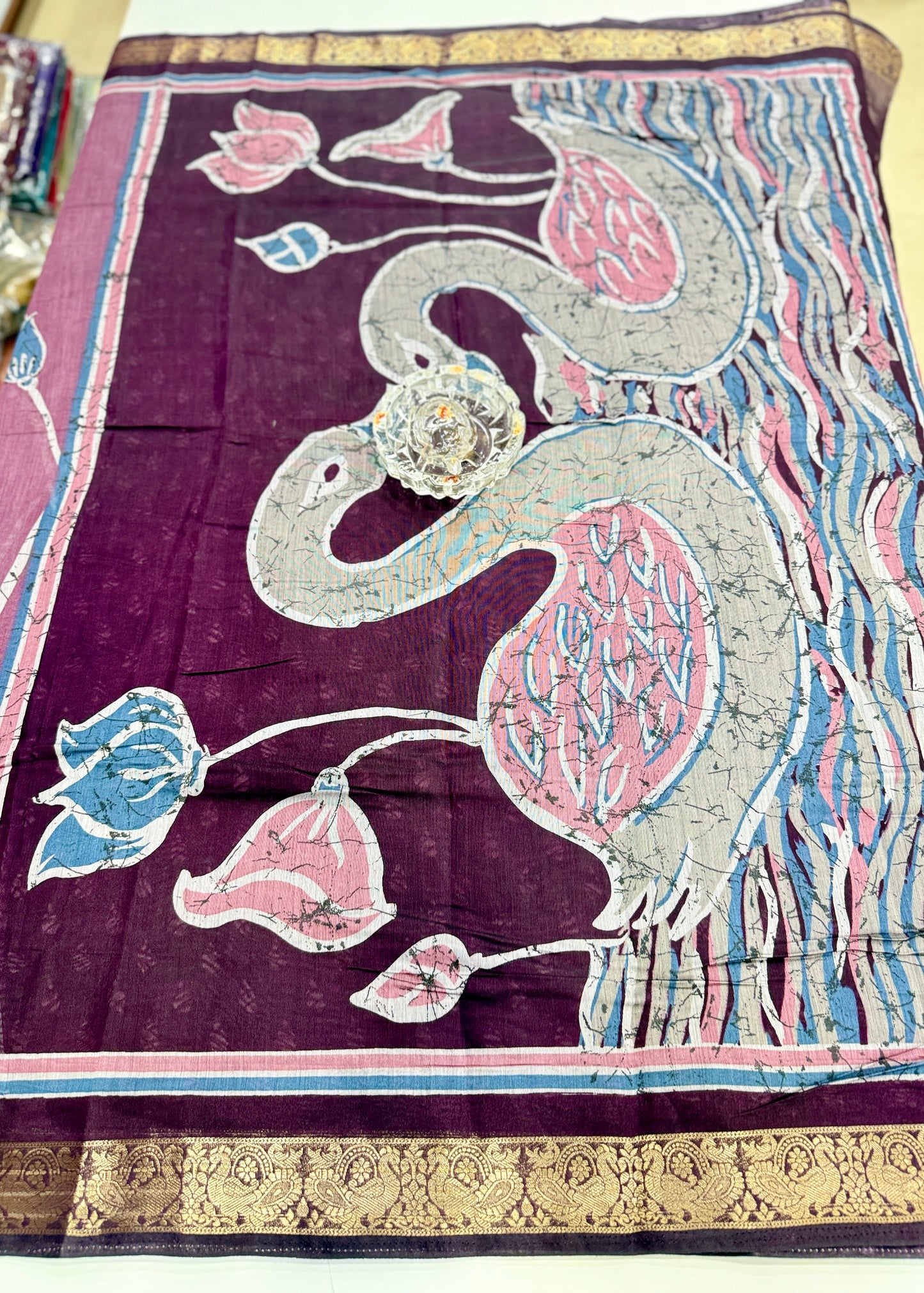 Chennuri silk style printed saree with traditional artwork border and unstitched blouse fabric for women