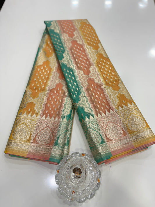 Banarasi handloom kora organza rankaat saree with allover zari stripe weaving and blouse piece