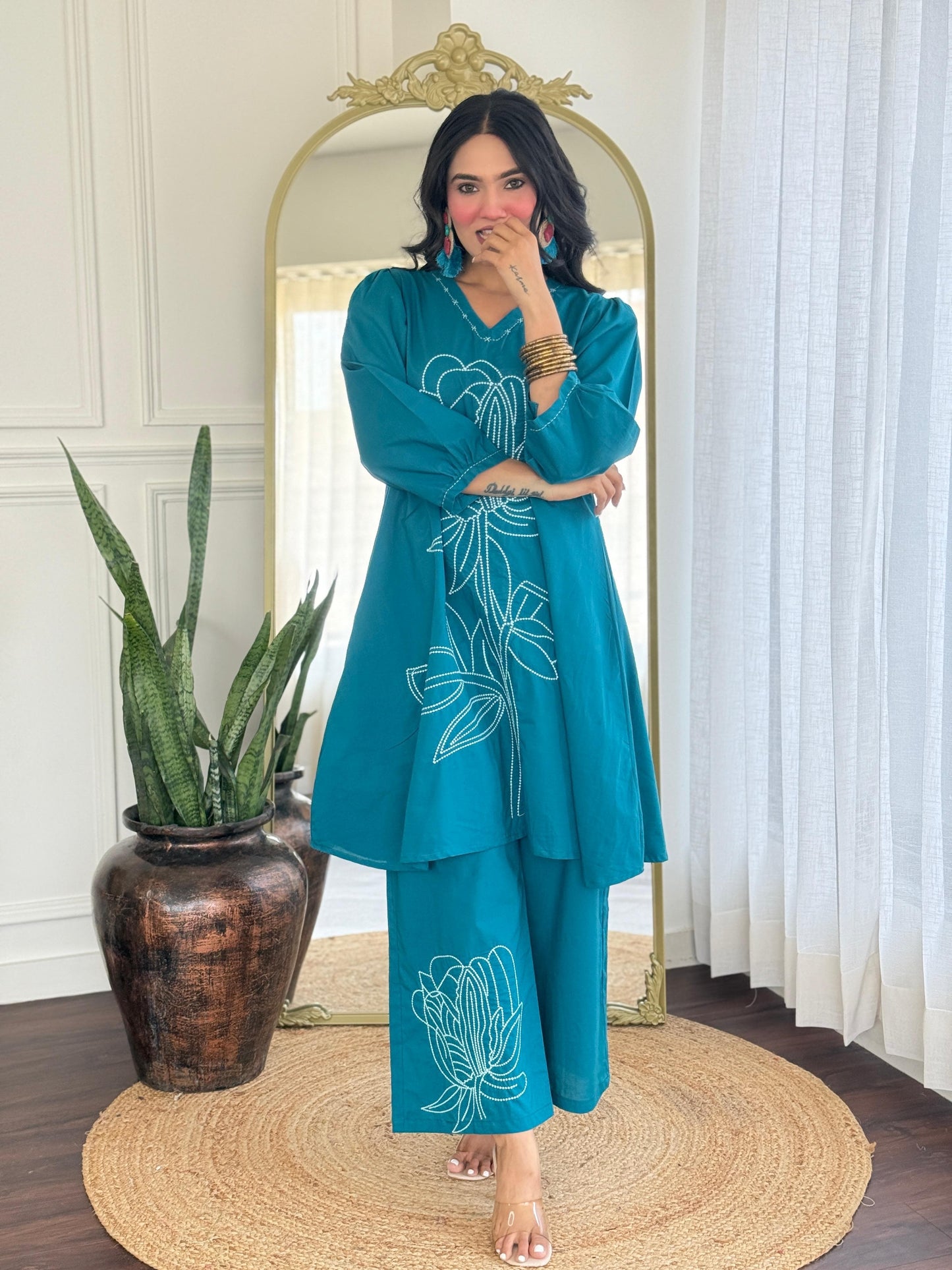 Pure Cotton Co-Ord Set with Elegant Embroidery – Ethnic Casual Wear for Women in Blue (M to XXL)