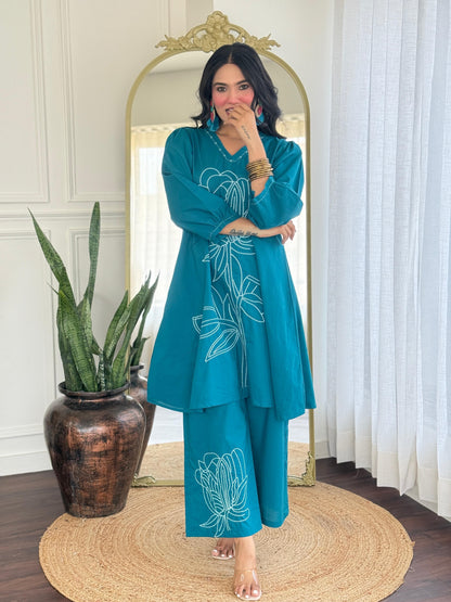 Pure Cotton Co-Ord Set with Elegant Embroidery – Ethnic Casual Wear for Women in Blue (M to XXL)
