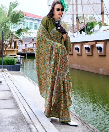 Pure Satin Silk Saree with Ajrakh Print – Festival and Traditional Wear Saree for Women