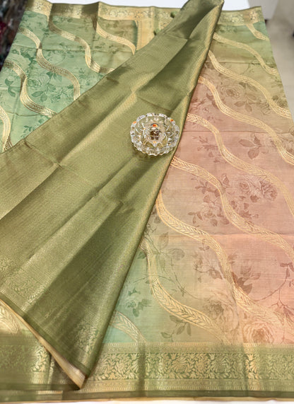 Bamboo Silk Floral Printed Saree with Rich Decorative Pallu, All Over Rich Leheriya Pattern
