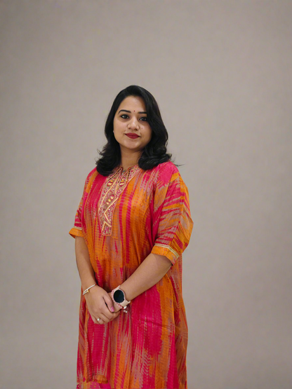 Habutai Silk Kaftan Kurti with Tulip Pant Set Featuring Mirror Embroidery and Tassels