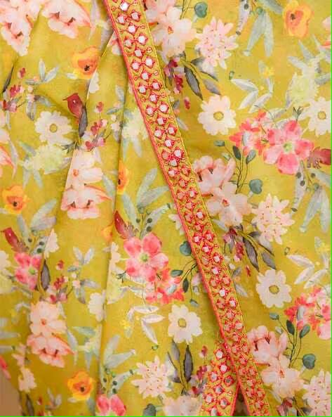 Soft Chinon Silk Saree with Digital Print, Mirror Work, and Designer Lace Border – With Blouse