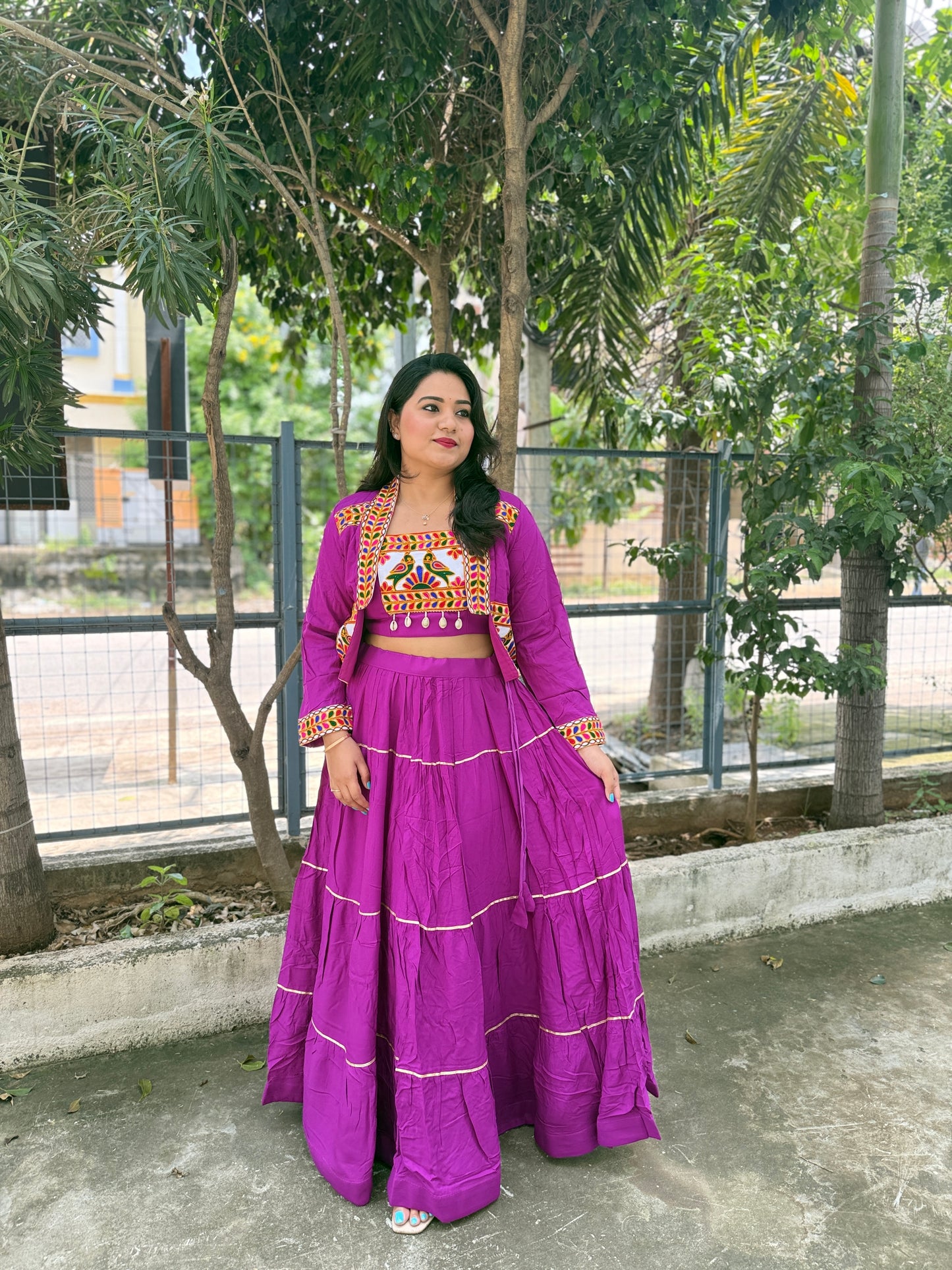 Rayon Lehenga Choli with Embroidered Gamthi Work Koti and Cowrie Lace – Navratri and Festive Wear